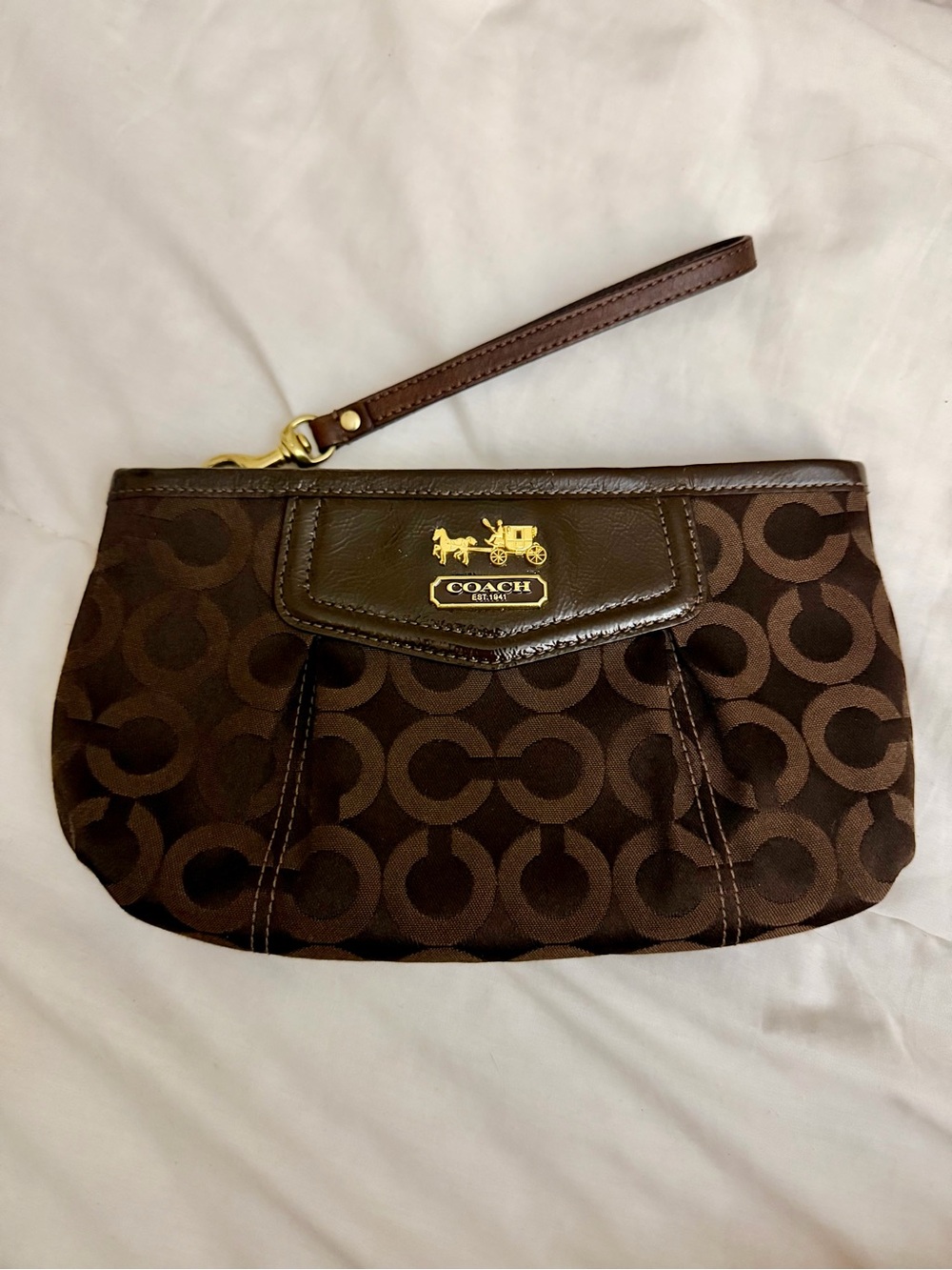 COACH Brown Signature C Logo Wristlet with Gold Hardware